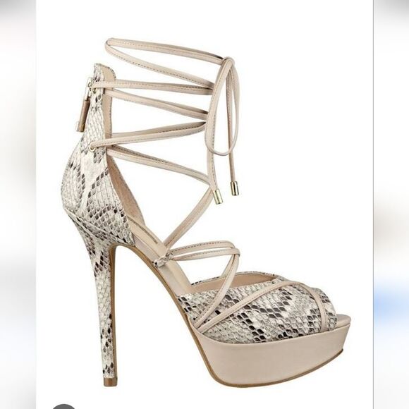 GUESS Snakeskin Strappy Heels – Size 6 – 5" Platform Stiletto - Picture 1 of 10